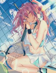 Rule 34 | 1girl, azur lane, blue sky, breasts, bremerton (azur lane), bremerton (scorching-hot training) (azur lane), chain-link fence, cloud, cloudy sky, crop top, crop top overhang, day, fence, green hair, hair between eyes, head rest, heart, heart necklace, highres, holding, holding racket, jinbei (user tpny4757), large breasts, looking at viewer, multicolored hair, necklace, no mole, one eye closed, outdoors, pink eyes, pink hair, racket, sky, solo, sportswear, streaked hair, tennis racket, tennis uniform, thighs, twintails, two-tone skirt