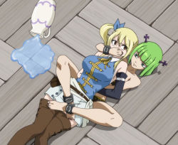 Rule 34 | 2girls, angry, barefoot, bdsm, bikini, blonde hair, bondage, bound, brandish mew, breasts, covering own mouth, fairy tail, feet, gagged, green eyes, green hair, grin, hand gagged, hand over another&#039;s mouth, hand over another's mouth, legs, lucy heartfilia, lying, multiple girls, red eyes, screencap, skirt, smile, swimsuit, thighs, water, wrestling
