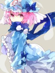 Rule 34 | 1girl, adapted costume, blue bow, blue hat, blue jacket, blue scarf, bow, dress, expressionless, frilled hat, frills, hair between eyes, hat, hat bow, highres, hitodama, jacket, long sleeves, looking at viewer, nikorashi-ka, one-hour drawing challenge, pink eyes, pink hair, saigyouji yuyuko, scarf, silver background, sleeves past wrists, solo, touhou, triangular headpiece, upper body, veil, white dress