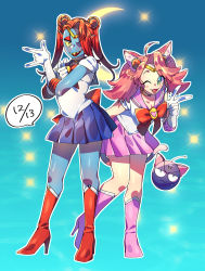 Rule 34 | 2girls, bishoujo senshi sailor moon, blue skin, boots, bow, cat girl, colored skin, cosplay, eyepatch, fang, fish girl, gloves, high heel boots, high heels, highres, mad mew mew, magical girl, monster girl, multiple girls, pink hair, pugthe2ro, red hair, ribbon, sailor chibi moon (cosplay), sailor moon (cosplay), skirt, tail, twintails, undertale, undyne, wink