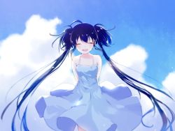 Rule 34 | 1girl, :d, ^ ^, arms behind back, bare shoulders, black hair, blue sky, blush, closed eyes, cloud, cloudy sky, day, dress, facing viewer, hair between eyes, long hair, mechuragi, open mouth, original, sky, sleeveless, sleeveless dress, smile, solo, sundress, teeth, twintails, upper teeth only, very long hair, white dress