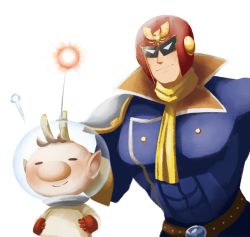 Rule 34 | 2boys, antennae, belt, brown hair, captain falcon, closed eyes, f-zero, gloves, headpat, helmet, male focus, multiple boys, nintendo, olimar, pikmin (series), pointy ears, red gloves, robotoco, scarf, simple background, smile, super smash bros., white background, yellow gloves