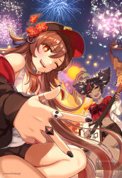 Rule 34 | 2girls, aerial fireworks, baseball cap, black hair, blush, crop top, dark-skinned female, dark skin, fang, fireworks, flower, genshin impact, guitar, hairband, hat, highres, holding, hood, hoodie, hu tao (genshin impact), instrument, jewelry, long hair, looking at viewer, midriff, mocchimugi, multicolored hair, multiple girls, multiple rings, nail polish, night, night sky, off shoulder, one eye closed, open mouth, orange eyes, outdoors, plum blossoms, red hair, ring, shorts, sky, smile, spiked hairband, spikes, streaked hair, tank top, thumb ring, twintails, v, very long hair, xinyan (genshin impact), yellow eyes