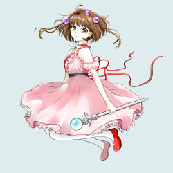Rule 34 | 1girl, bare shoulders, breasts, brown eyes, brown hair, choker, dress, frills, hair ornament, highres, reala (tales), ribbon, shoes, short hair, smile, staff, tales of (series), tales of destiny 2, thighhighs, weapon