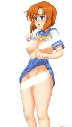 Rule 34 | 1girl, abridged-satoko, blush, bottomless, convenient censoring, highres, higurashi no naku koro ni, light rays, ryuuguu rena, topless