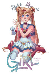 Rule 34 | bandages, bandaid, bandaid on face, battle damage, bishoujo senshi sailor moon, blonde hair, blue eyes, boots, breasts, brooch, choker, cleavage, double bun, english text, eyelashes, full body, gold trim, hair bun, heart, heart brooch, highres, jewelry, lettiebobettie, lipstick, long hair, makeup, pastel colors, red choker, red footwear, sailor moon, sailor senshi, see-through, see-through skirt, see-through sleeves, simple background, sitting, skirt, thighhighs, tsukino usagi, tumblr username, twintails, v-shaped eyebrows, very long hair, watermark, web address, white background, white legwear
