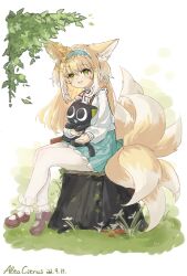 Rule 34 | 1girl, :d, absurdres, animal ears, arknights, black cat, blonde hair, blue hairband, blue skirt, brown footwear, cat, commentary request, crossover, fox ears, fox girl, fox tail, frilled hairband, frills, fuyu mika (altarcitrus), green eyes, hair between eyes, hairband, highres, kitsune, long hair, long sleeves, looking at viewer, luo xiaohei, luo xiaohei zhanji, neck ribbon, open mouth, pantyhose, pleated skirt, puffy long sleeves, puffy sleeves, red ribbon, ribbon, shirt, shoes, skirt, sleeves past wrists, smile, suzuran (arknights), suzuran (spring praise) (arknights), tail, tree stump, very long hair, white pantyhose, white shirt