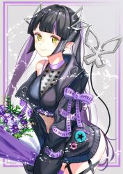 Rule 34 | 1girl, badge, black hair, black jacket, black ribbon, black shirt, blouse, blunt bangs, blush, bouquet, breasts, button badge, cleavage, closed mouth, commentary request, cowboy shot, crop top, demon girl, demon horns, demon tail, flower, grey background, heart, heart print, highres, holding, holding bouquet, horns, jacket, kojo anna, kojo anna (1st costume), leg ribbon, long hair, long sleeves, looking at viewer, medium breasts, midriff, multicolored hair, nanashi inc., off shoulder, open clothes, open jacket, pointy ears, print shirt, purple flower, purple hair, purple thighhighs, ribbon, russian text, sankyo (821-scoville), see-through, see-through cleavage, see-through shirt, shirt, single thighhigh, sleeveless, sleeveless shirt, smile, solo, star (symbol), sugar lyric, tail, thighhighs, twintails, two-tone hair, virtual youtuber, yellow eyes, zipper