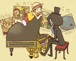 Rule 34 | 2boys, 4boys, afro, bandages, bandana, barefoot, beard, bench, black hair, blonde hair, brook (one piece), cowboy hat, ascot, crocus, crying, english text, engrish text, facial hair, grand piano, grin, hat, instrument, laboon, male focus, mizuta madaisuki, monkey d. luffy, multiple boys, music, musical note, one piece, piano, piano bench, ranguage, red shorts, red upholstery, scar, shorts, sitting, skeleton, smile, straw hat, tears, thriller bark, top hat, trumpet, vest, whale, yorki, yukke