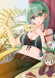 Rule 34 | 1girl, absurdres, alternate costume, anchor print, baozha gangbi, belt, black nails, breasts, brown belt, cellphone, character doll, collarbone, flower, front-tie top, green eyes, green hair, green pants, hair ornament, hairclip, highres, holding, holding phone, kantai collection, kumano (kancolle), long hair, medium breasts, nail polish, pants, phone, playing with own hair, sitting, smartphone, solo, suzuya (kancolle), white flower