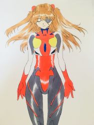Rule 34 | 1girl, bodysuit, breasts, brown hair, closed eye, curvy, evangelion: 3.0 you can (not) redo, eyepatch, eywy4324, hair between eyes, hair ornament, long hair, looking at viewer, neon genesis evangelion, pilot suit, plugsuit, rebuild of evangelion, red bodysuit, shiny clothes, shiny skin, skin tight, solo, souryuu asuka langley, standing, traditional media, twintails, two side up, very long hair, white background, wide hips