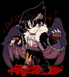 Rule 34 | 1boy, abs, bare pectorals, black hair, black pants, black wings, blood, blood on hands, chain, character name, chest tattoo, claws, deformed, devil jin, dripping blood, facial mark, fingerless gloves, flame print, forehead jewel, full body, fur-trimmed jacket, fur trim, gloves, grey horns, highres, horns, jacket, kazama jin, kotorai, long sleeves, looking at viewer, male focus, no nose, open clothes, open jacket, orange eyes, pants, pectorals, pool of blood, solo, sparkle, standing, studded gloves, tattoo, tekken, tekken 8, thick eyebrows, v-shaped eyebrows, wings