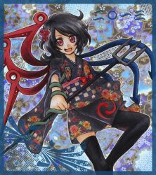 Rule 34 | 1girl, :d, adapted costume, asymmetrical wings, black hair, fang, floral print, houjuu nue, io (maryann blue), io (pixiv21347802), japanese clothes, kimono, obi, open mouth, polearm, red eyes, sash, short hair, short kimono, smile, snake, thighhighs, tomoe (symbol), touhou, trident, weapon, wide sleeves, wings, zettai ryouiki