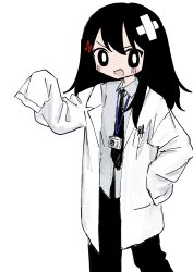 Rule 34 | 1girl, absurdres, bandaid, bandaid on head, black eyes, black hair, black necktie, black pants, breast pocket, bright pupils, cardiogram, coat, collared shirt, commentary request, crossed bandaids, feet out of frame, grey shirt, hair ornament, hand on own hip, hand up, highres, id card, lab coat, lanyard, light blush, long hair, looking at viewer, necktie, off shoulder, open clothes, open coat, open mouth, original, pants, pen in pocket, pocket, shii595, shirt, simple background, sleeves past fingers, sleeves past wrists, smile, solo, v-shaped eyebrows, walking, white background, white pupils