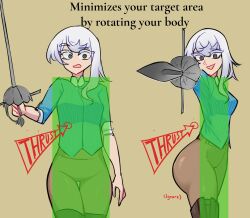 Rule 34 | 1girl, blue shirt, boots, breasts, brown pantyhose, centurii-chan (artist), colored eyelashes, english text, fencing, from side, gloves, grey eyes, highres, hitbox, holding, holding weapon, long sleeves, looking at viewer, open mouth, original, pantyhose, pointing, pointing at viewer, rapier, rapier-chan (centurii), shirt, simple background, single sidelock, small breasts, smile, sword, thigh boots, weapon, white hair