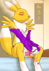 Rule 34 | 1girl, animal ears, bed, blush, breasts, claws, clitoris, detached sleeves, digimon, digimon (creature), dildo, closed eyes, female focus, female masturbation, fid, fox tail, furry, furry female, heart, highres, holding, indoors, masturbation, no nipples, nude, object insertion, on bed, own hands together, pussy, pussy juice, renamon, sex toy, sitting, small breasts, solo, sweat, tail, text focus, translation request, uncensored, vaginal, vaginal object insertion, vibrator