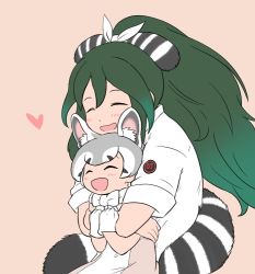 Rule 34 | 2girls, ^ ^, animal ear fluff, animal ears, arm around shoulder, black hair, bokoboko (pandagapanda1), bow, bowtie, closed eyes, extra ears, gloves, green hair, grey hair, hair ornament, happy, heart, height difference, hug, hug from behind, kako (kemono friends), kemono friends, lab coat, long hair, medium hair, multicolored hair, multiple girls, open mouth, pink background, ringtail (kemono friends), shirt, simple background, smile, striped tail, tail, tail wrap, upper body, very long hair, white hair