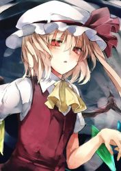 Rule 34 | 1girl, ascot, blonde hair, blush, crystal, flandre scarlet, hat, hat ribbon, looking at viewer, mob cap, nazuka (mikkamisaki), open mouth, puffy short sleeves, puffy sleeves, red eyes, red vest, ribbon, short hair with long locks, short sleeves, side ponytail, solo, tareme, touhou, upper body, vest, wings