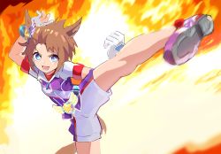 Rule 34 | 1girl, animal ears, arm up, belt, biko pegasus (umamusume), blue eyes, breasts, brown hair, fire, gloves, horse ears, horse girl, horse tail, jacket, kicking, okken, open mouth, shoes, short hair, short sleeves, shorts, small breasts, smile, sneakers, solo, standing, standing on one leg, tail, umamusume, v-shaped eyebrows, white footwear, white gloves, white shorts