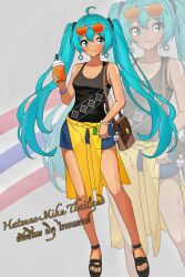 1girl aqua_eyes aqua_hair bag bare_shoulders black_tank_top blue_shorts breasts cup dark-skinned_female dark_skin disposable_cup grey_background hatsune_miku high_heels highres holding holding_cup long_hair looking_at_viewer medium_breasts orange-framed_eyewear shorts shoulder_bag smile solo tank_top thai_flag thai_text thailand twintails very_long_hair vocaloid worldwide_miku yuiyu_ki zoom_layer