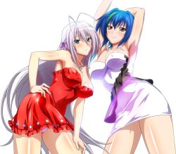 Rule 34 | 10s, 2girls, antenna hair, armpits, arms up, blue eyes, blue hair, breasts, cleavage, covered erect nipples, dress, hair between eyes, hair ribbon, hand on own hip, hand on lap, high school dxd, highres, large breasts, long hair, looking at viewer, multiple girls, panties, purple ribbon, red dress, ribbon, rossweisse, shiny skin, short dress, short hair, silver hair, sleeveless, sleeveless dress, smile, strapless, strapless dress, transparent background, underwear, very long hair, white dress, white panties, xenovia quarta, yellow eyes