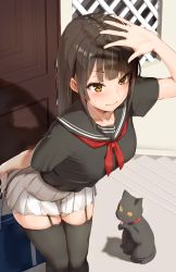 Rule 34 | 1girl, animal, arm behind back, arm up, bag, black cat, black sailor collar, black shirt, black thighhighs, blush, breasts, brown eyes, brown hair, cat, closed mouth, collarbone, commentary request, day, door, garter straps, highres, holding, holding bag, hot, leaning forward, long hair, neckerchief, original, outdoors, pleated skirt, red neckerchief, reinama, sailor collar, school bag, school uniform, serafuku, shading eyes, shirt, short sleeves, sidelocks, skirt, small breasts, solo, stairs, sweat, thighhighs, white skirt