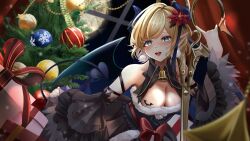 Rule 34 | 1girl, aqua eyes, bare shoulders, blonde hair, breasts, christmas, highres, hololive, large breasts, looking at viewer, medium hair, mikazuki cocolo, night, pointy ears, solo, tree, virtual youtuber, wings, yuzuki choco
