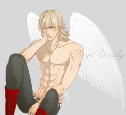 Rule 34 | 10s, 1boy, abs, angel wings, bad id, bad pixiv id, barnaby brooks jr., blonde hair, boots, glasses, green eyes, jewelry, konoyasoul, male focus, necklace, topless male, solo, tiger &amp; bunny, wings, wink