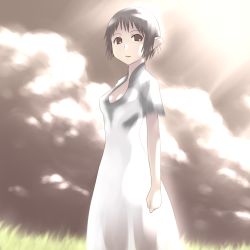 Rule 34 | 1girl, aaaa (quad-a), bad id, bad pixiv id, brown eyes, brown hair, cloud, cloudy sky, dress, grass, highres, ico, looking at viewer, see-through, short hair, sky, solo, white dress, yorda