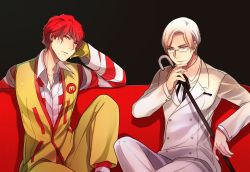 Rule 34 | 2boys, aged down, animification, cane, cioccolatodorima, colonel sanders, glasses, highres, kfc, male focus, mcdonald&#039;s, multiple boys, parody, red hair, ronald mcdonald, simple background, smile, string tie, striped, white hair