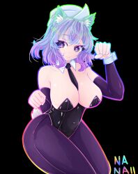 Rule 34 | + +, 1girl, absurdres, animal ear fluff, animal ears, black background, black gloves, black leotard, black pantyhose, breasts, cat ears, cleavage, closed mouth, commentary, covered navel, detached collar, elbow gloves, english commentary, gloves, highres, large breasts, leotard, letty whiterock, looking at viewer, nanaii desu, pantyhose, playboy bunny, purple eyes, purple hair, rabbit tail, short hair, signature, simple background, smile, solo, tail, touhou, white headwear