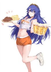 Rule 34 | 1girl, alcohol, alternate costume, bare shoulders, beer, beer mug, blue eyes, blue hair, blush, boned meat, chips (food), clothes writing, commentary request, crop top, cup, fire emblem, fire emblem awakening, food, foot out of frame, highres, holding, holding cup, holding tray, hooters, long hair, looking at viewer, lucina (fire emblem), meat, midriff, mug, navel, nintendo, orange shorts, potato chips, shoes, short shorts, shorts, simple background, smile, sneakers, solo, standing, standing on one leg, stomach, tank top, thighs, tiara, tray, very long hair, waitress, white background, white footwear, white tank top, yuuri (orz commushows)