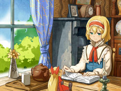 Rule 34 | 1girl, alice margatroid, blonde hair, blue eyes, book, capelet, cup, curtains, desk, doll, drawing (object), dress, female focus, hairband, hourai doll, indoors, lamp, open book, photo (object), plate, reading, room, shelf, shibasaki shouji, short hair, smile, solo, table, teapot, touhou, tray, window