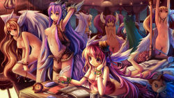 Rule 34 | 6+girls, angel, angel wings, armpits, book, breasts, head rest, clock, feathers, female focus, flat chest, highres, hoshi no gen, long hair, lying, medium breasts, multiple girls, navel, nipples, nude, on stomach, original, small breasts, table, undressing, wings