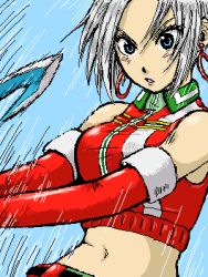 Rule 34 | 1girl, bare shoulders, belt, blue background, blue eyes, breasts, earrings, elbow gloves, gloves, grey hair, ines lorenzen, jewelry, lowres, midriff, navel, open mouth, short hair, skirt, tales of (series), tales of hearts, weapon