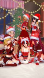 Rule 34 | 3d, 6+girls, @ @, alternate costume, artist request, black hair, blonde hair, blush, breasts, christmas, collar, dark-skinned female, dark skin, detached sleeves, gloves, grey hair, hakos baelz, hat, heterochromia, highres, hololive, hololive english, hololive indonesia, irys (hololive), kaela kovalskia, kneeling, koseki bijou, large breasts, long hair, medium breasts, mococo abyssgard, multicolored hair, multiple girls, nerissa ravencroft, open mouth, pink eyes, pointy ears, red eyes, red hair, santa hat, shiranui flare, smile, spiked collar, spikes, two-tone hair, virtual youtuber, white hair