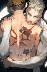 Rule 34 | 2boys, blue eyes, bodysuit, brothers, brown hair, closed mouth, earrings, facing away, frown, grey hair, highres, hug, jewelry, korean commentary, looking at viewer, male focus, millions knives, mole, mole under eye, multiple boys, piercing, rladd881, scar, scar on back, siblings, spotlight, toned, toned male, topless male, trigun, trigun stampede, twins, undercut, upper body, vash the stampede, white bodysuit