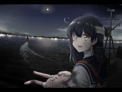 Rule 34 | 2girls, adapted turret, ahoge, any (lucky denver mint), bandages, bandage over one eye, bandaged fingers, bandages, bandaid, bandaid on face, black hair, black sky, blue sailor collar, brown eyes, cannon, commentary request, full moon, kantai collection, long hair, machinery, moon, mountain, multiple girls, night, ocean, sailor collar, school uniform, serafuku, sky, smokestack, solo focus, star (sky), starry sky, turret, upper body, ushio (kancolle), walking, walking on liquid, water