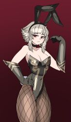 Rule 34 | 1girl, absurdres, alternate costume, animal ears, breasts, choker, cleavage, closed mouth, commission, elbow gloves, eyelashes, fake animal ears, fire emblem, fire emblem heroes, fishnet pantyhose, fishnets, gloves, grey hair, hair ornament, highres, leotard, looking at viewer, medium breasts, nintendo, official alternate hair length, official alternate hairstyle, pantyhose, playboy bunny, rabbit ears, rabbit tail, red eyes, short hair, simple background, solo, tagme, veronica (fire emblem), wrist cuffs