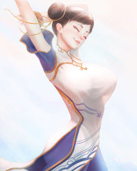 Rule 34 | 1girl, arm behind head, arms up, breasts, brown hair, capcom, china dress, chinese clothes, chun-li, closed eyes, closed mouth, covered navel, cowboy shot, dress, earrings, hair bun, head tilt, highres, jewelry, large breasts, lips, mcdobo, narrow waist, see-through silhouette, short hair, short sleeves, simple background, smile, solo, street fighter, stretching, swept bangs, turtleneck, turtleneck dress, white dress