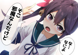 Rule 34 | 1girl, akebono (kancolle), bell, blue neckerchief, blue sailor collar, commentary request, dutch angle, flower, hair bell, hair flower, hair ornament, highres, jingle bell, kantai collection, long hair, neckerchief, purple eyes, purple hair, sailor collar, school uniform, serafuku, short sleeves, side ponytail, simple background, solo, taisho (gumiyuki), translation request, very long hair, white background