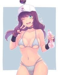 Rule 34 | 1girl, ;d, baseball cap, bikini, breasts, brown hair, choker, collarbone, commentary request, drink, drinking straw, fingerless gloves, gloves, green eyes, grey bikini, hat, highres, holding, holding drink, long hair, looking at viewer, medium breasts, navel piercing, nicole chen, one eye closed, open mouth, phallic symbol, piercing, red gloves, smile, solo, swimsuit, twintails, v, va-11 hall-a, y (35504109)