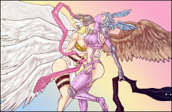 Rule 34 | 00s, 2girls, angel, angewomon, blonde hair, blue hair, blush, breasts, closed eyes, clothing cutout, covered eyes, dick hammersmith, digimon, digimon (creature), digimon adventure, digimon frontier, elbow gloves, feathered wings, fingering, from side, gauntlets, gloves, hand in panties, head wings, helmet, highres, large breasts, licking, licking another&#039;s neck, long hair, mask, midriff, moaning, monster girl, mouth mask, multiple girls, multiple wings, navel, navel cutout, nipple slip, nipples, open mouth, panties, pussy juice, revealing clothes, short hair, shutumon, stomach, teeth, thigh strap, thighhighs, tongue, tongue out, underwear, wince, wings, yuri