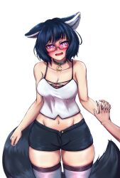 Rule 34 | 1girl, animal ears, black choker, black hair, black shorts, blue nails, blush, breasts, camisole, choker, cleavage, collarbone, crescent choker, glasses, highres, holding hands, indie virtual youtuber, interlocked fingers, medium breasts, navel, open fly, open mouth, purple eyes, raccoon ears, raccoon girl, raccoon tail, second-party source, short hair, shorts, skindentation, solo, sparkling eyes, tail, tatutaniyuuto, thighhighs, virtual youtuber, white camisole, white thighhighs, yozora aoi