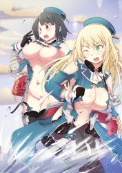 Rule 34 | 10s, 2girls, absurdres, aqua eyes, atago (kancolle), beret, black gloves, black hair, black legwear, blonde hair, blush, breasts, breasts out, censored, female pubic hair, garter straps, gloves, hat, highres, kantai collection, large breasts, long hair, military, military uniform, multiple girls, nipples, no bra, no panties, open mouth, pantyhose, pokke (pokke-chan), pubic hair, red eyes, short hair, sky, takao (kancolle), tearing clothes, thighhighs, torn clothes, torn legwear, uniform, wince