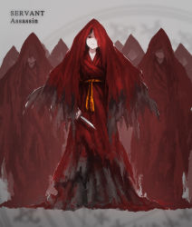 Rule 34 | 1girl, 6+others, black hair, cloak, commentary request, dagger, facing viewer, fate (series), grey background, highres, holding, holding dagger, holding knife, holding weapon, hood, knife, long sleeves, looking at viewer, multiple others, one eye covered, original, parted lips, people, red cloak, red theme, solo focus, standing, tom-neko (zamudo akiyuki), torn clothes, weapon