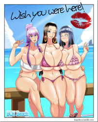 Rule 34 | 3girls, absurdres, arm up, bikini, black hair, blue eyes, boa hancock, breasts, busujima saeko, byakugan, crossover, ear piercing, highres, highschool of the dead, hyuuga hinata, kogeikun, large breasts, lipstick mark, long hair, looking at viewer, multiple girls, naruto (series), naruto shippuuden, one eye closed, one piece, open mouth, partially undressed, photo (object), piercing, ponytail, purple hair, sitting, smile, swimsuit, v