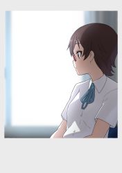 Rule 34 | 1girl, absurdres, blue ribbon, blurry, blurry background, border, brown hair, closed mouth, commentary request, expressionless, from side, glasses, grey border, highres, k-on!, kicchi (tmgk), looking away, manabe nodoka, neck ribbon, profile, ribbon, school uniform, shirt, short hair, short sleeves, solo, upper body, white shirt, window