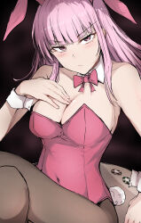 Rule 34 | 1girl, alternate costume, animal ears, black pantyhose, blunt bangs, blush, breasts, collar, detached collar, fake animal ears, fake tail, hand on own chest, highres, hololive, hololive english, large breasts, leotard, looking at viewer, mori calliope, pantyhose, pink hair, pink leotard, playboy bunny, poker chip, rabbit ears, rabbit tail, red eyes, sak1 01, sidelocks, solo, tail, virtual youtuber, white collar, white wrist cuffs, wrist cuffs