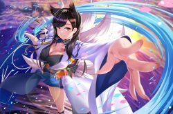 Rule 34 | 1girl, aircraft, animal ears, atago (azur lane), azur lane, black hair, blue skirt, breasts, brown eyes, cleavage, closed mouth, collarbone, commentary request, cosplay, extra ears, eyeshadow, fox tail, hakama, hakama skirt, japanese clothes, kaga (azur lane), kaga (azur lane) (cosplay), kagiyama (clave), kayano ai, kimono, large breasts, long hair, long sleeves, looking at viewer, makeup, mole, mole under eye, multiple tails, outstretched arm, pleated skirt, skirt, smile, solo, swept bangs, tail, voice actor connection, wide sleeves